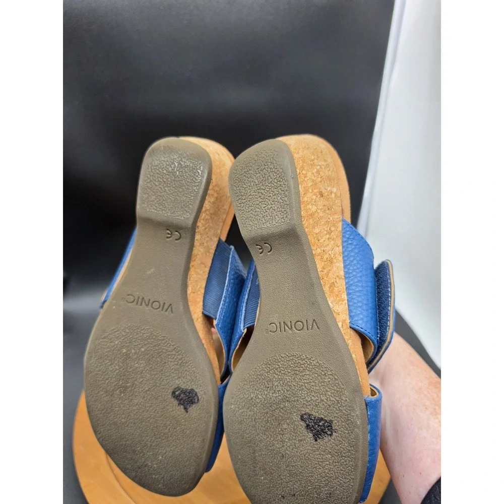 Vionic Leticia CrissCross Blue Leather Wedge Heel‎ Slip On Summer Sandal Size 9